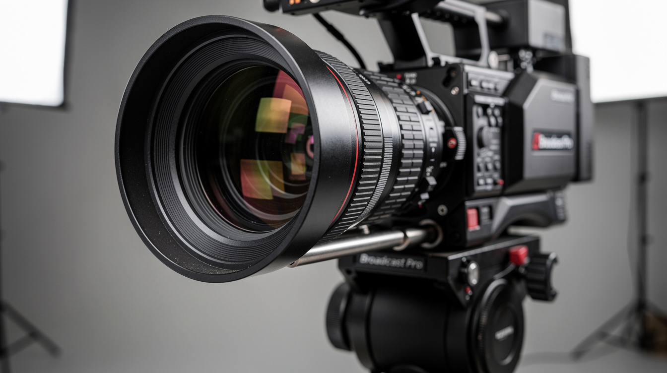 Close-up of a professional video camera on a tripod