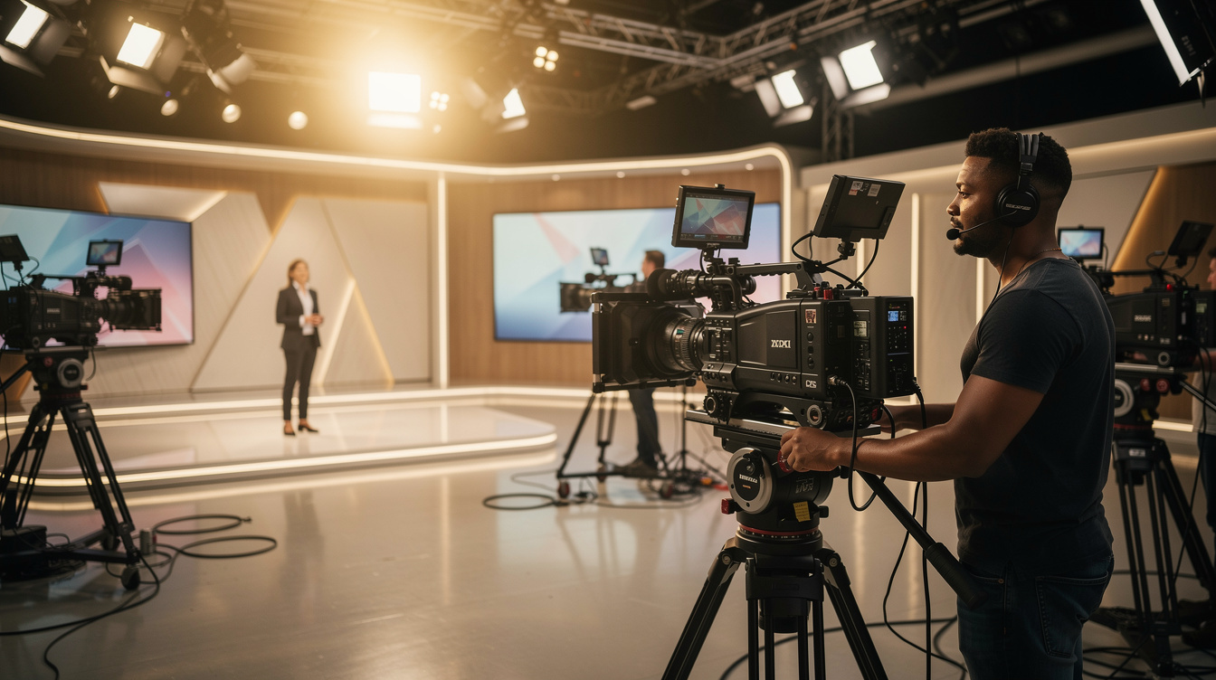 Camera operator filming a presenter in a television studio