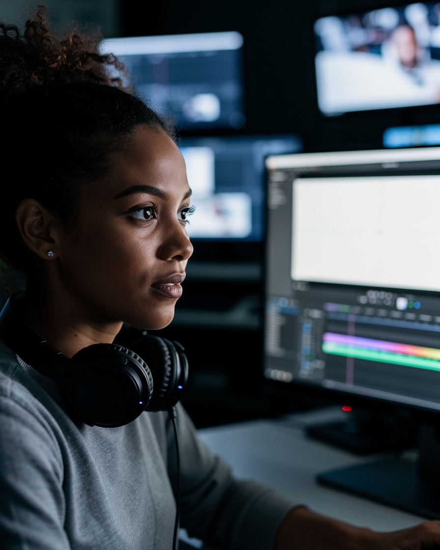 Producer reviewing footage on a monitor